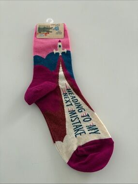 Rocket Graphic Crew Socks in Pink, Magenta, Blue “Heading to my next mistake”